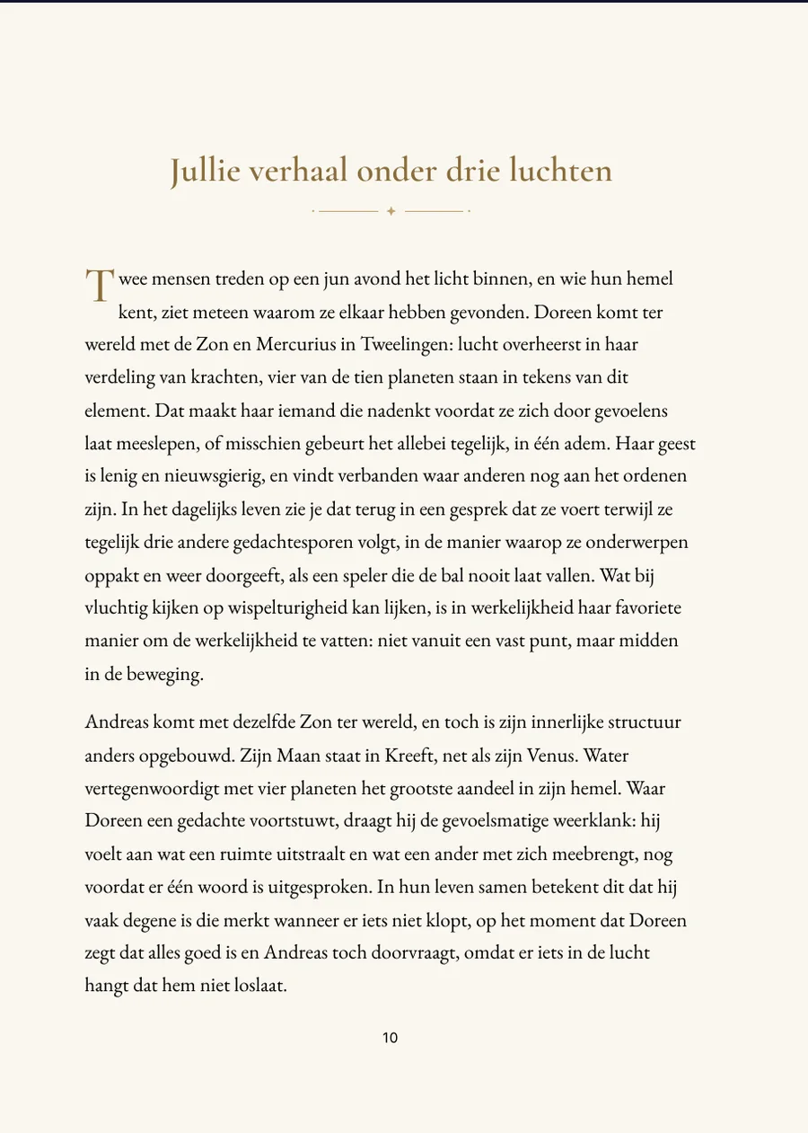 Huwelijkshoroscoopboek: hoofdstukpagina met echte tekst