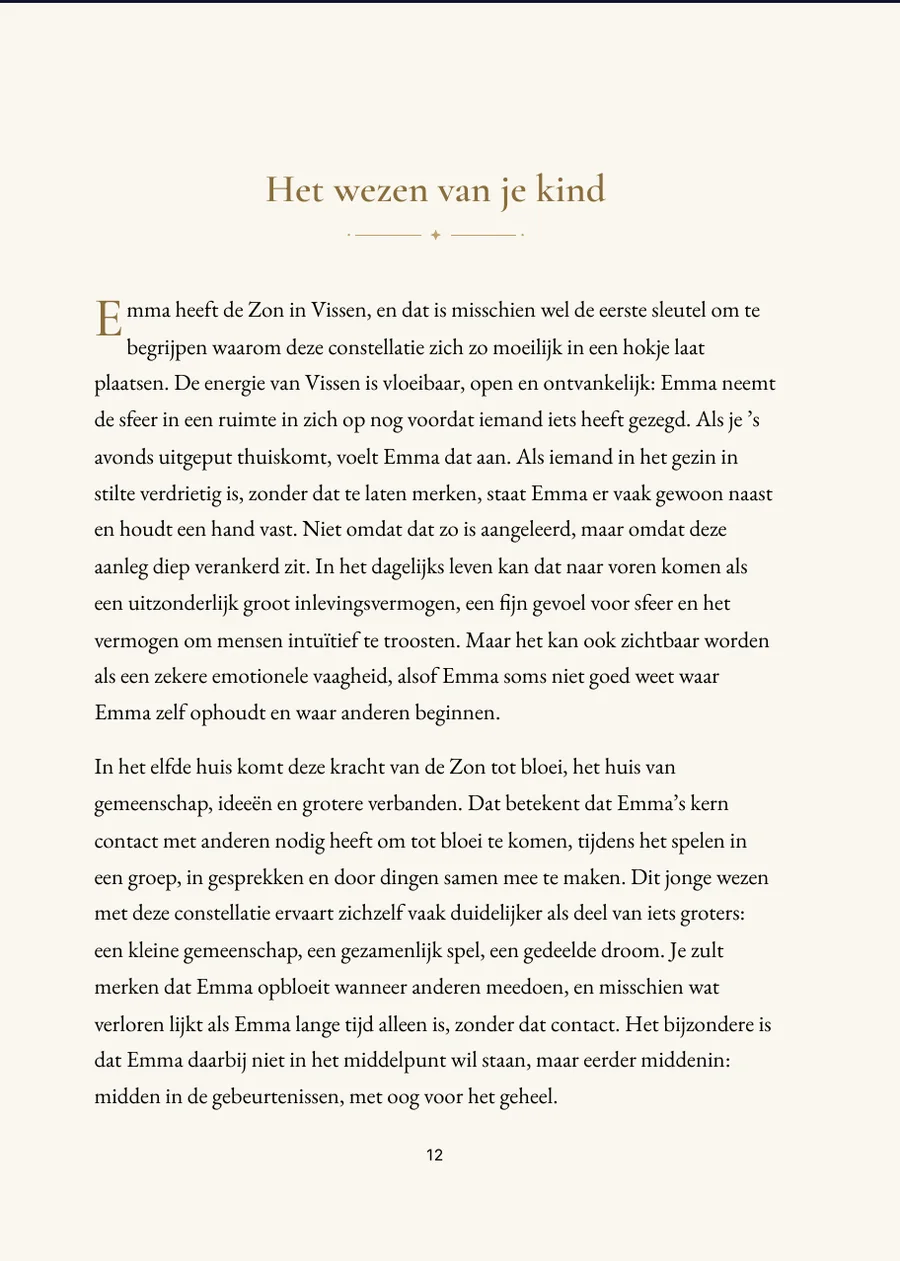 Kinderhoroscoopboek: hoofdstukpagina met echte tekst