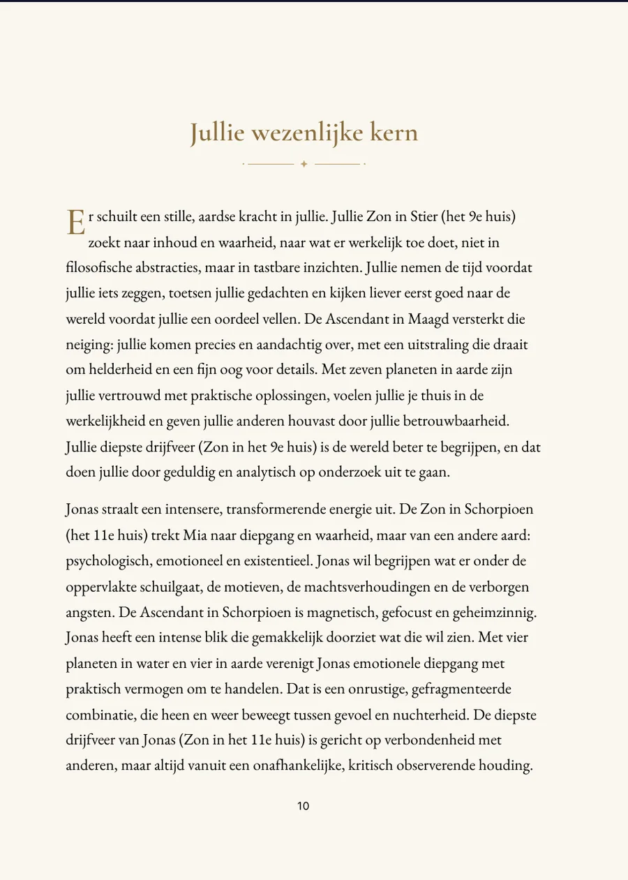 Relatiehoroscoopboek: hoofdstukpagina met echte tekst