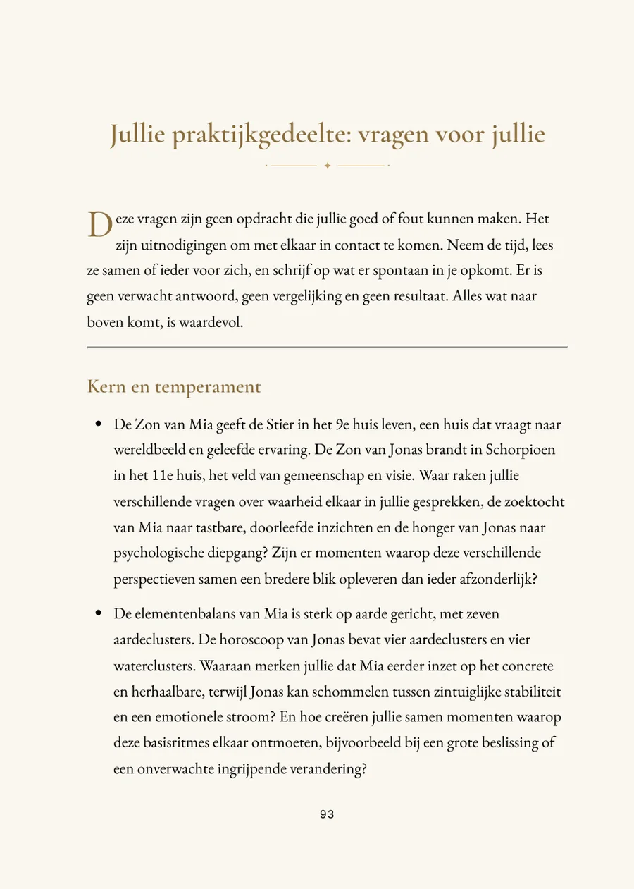 Relatiehoroscoopboek, praktijkdeel met vragen
