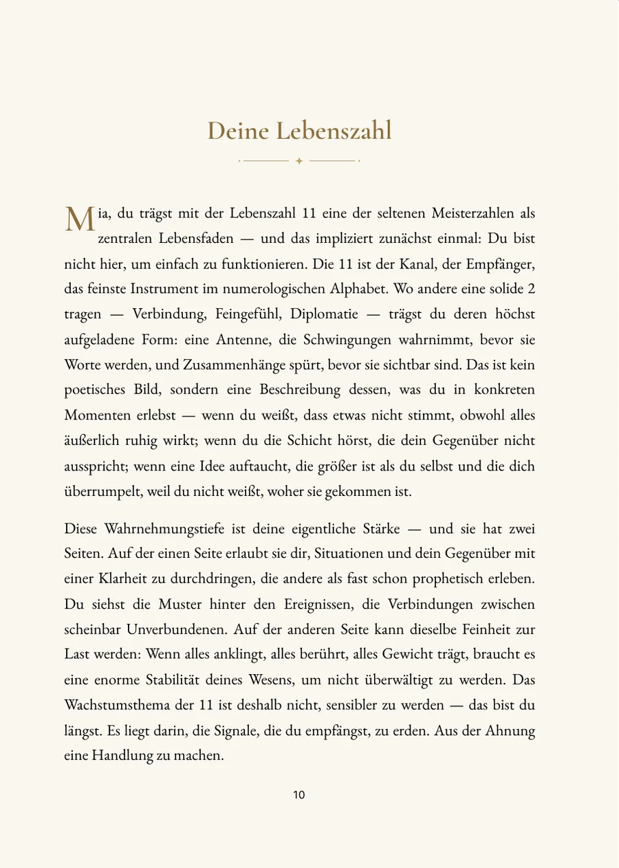 Numerologie-Report – Kapitelseite mit echtem Text