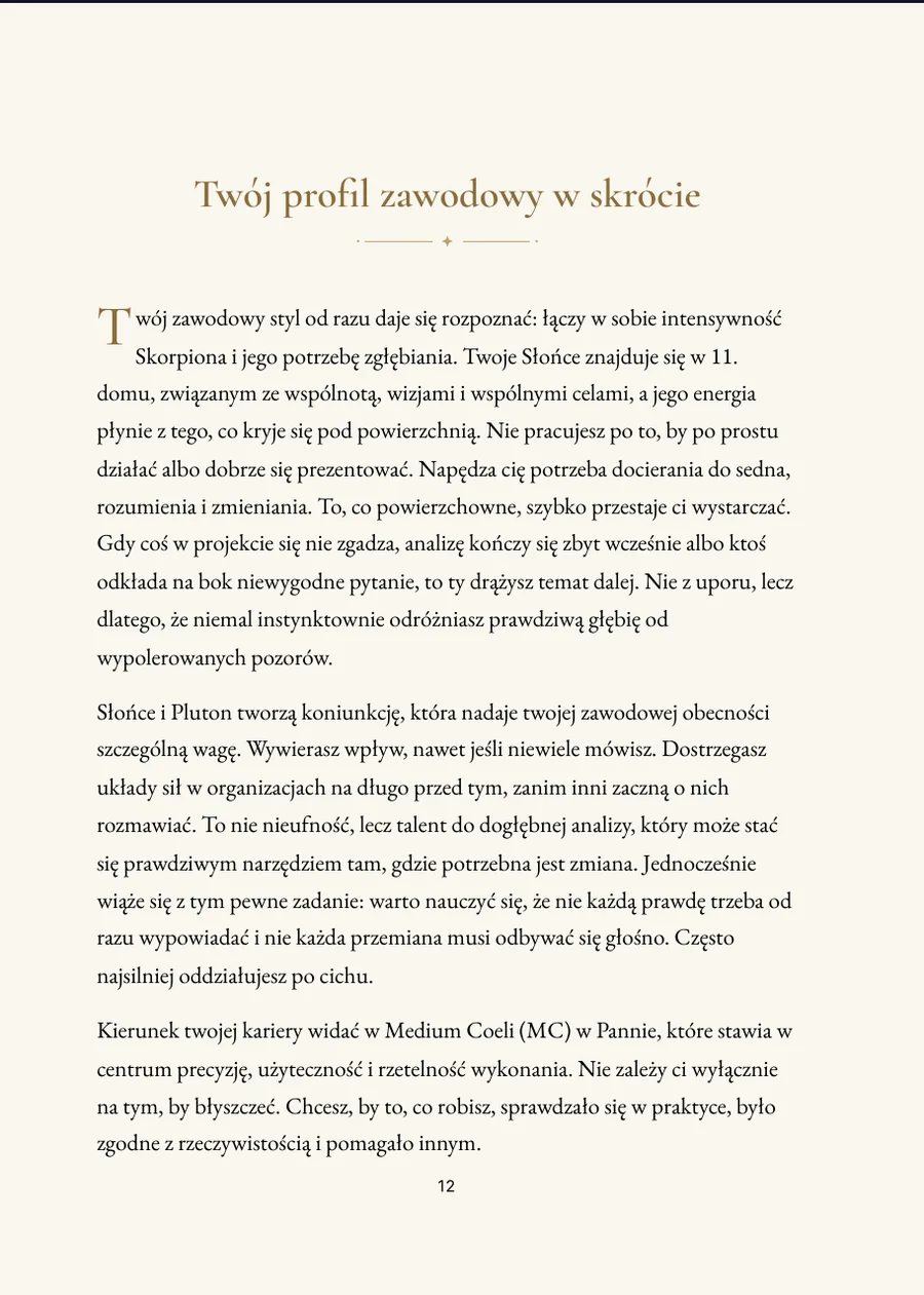 Księga horoskopu zawodowego: Praca i talenty: strona rozdziału z prawdziwym tekstem