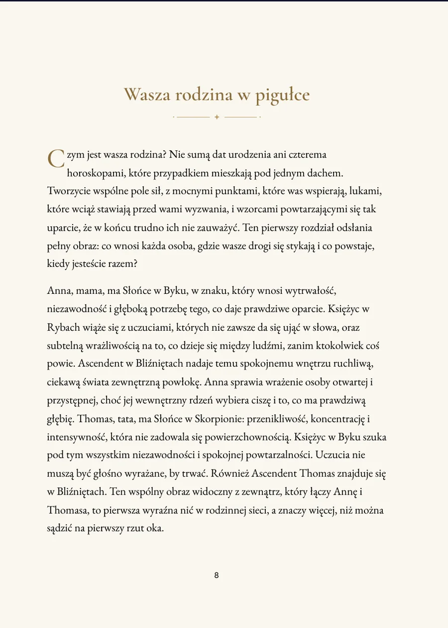 Księga horoskopu rodzinnego: strona rozdziału z prawdziwym tekstem