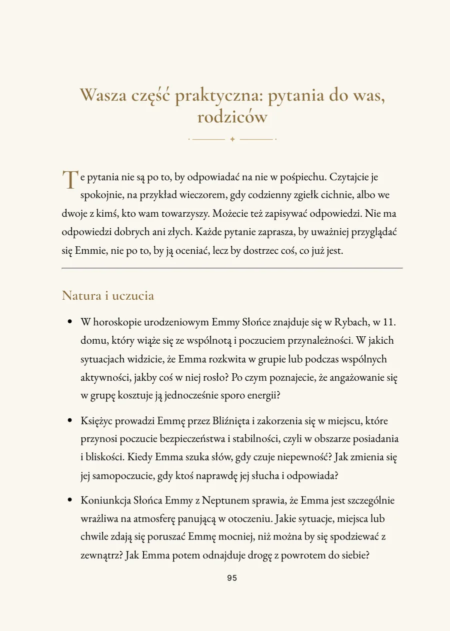 Księga horoskopu dziecka, część praktyczna z pytaniami