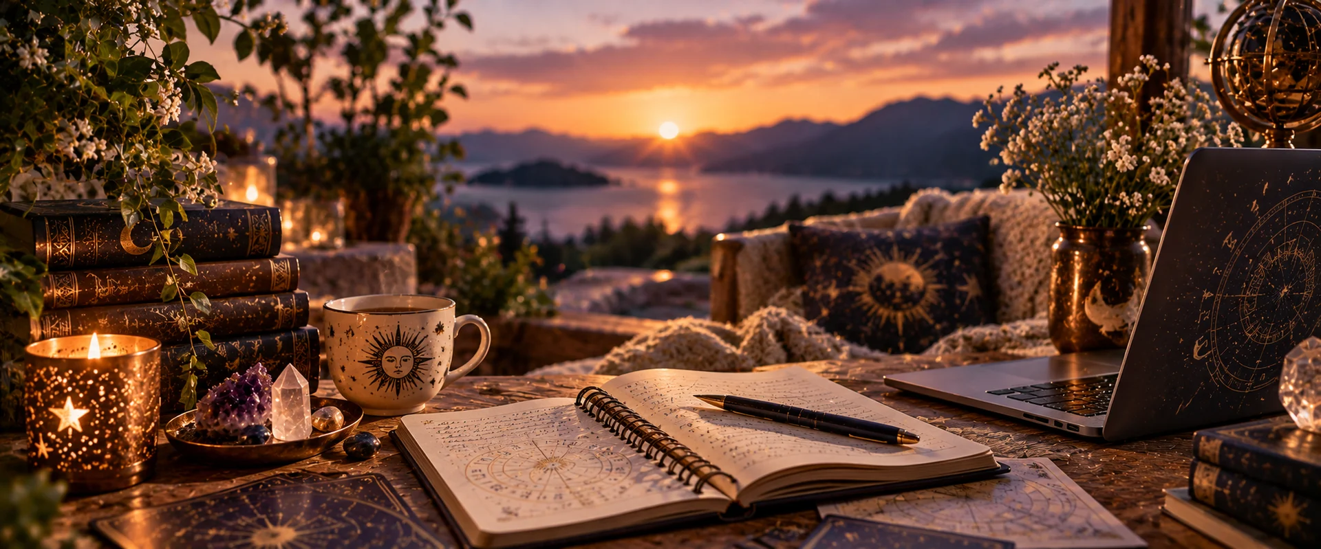 Aufgeschlagenes Notizbuch mit Horoskop-Skizzen, Laptop, Tasse mit Sonnenmotiv, Kristalle und Bücher mit Sternenmotiv vor einem Sonnenuntergang am See