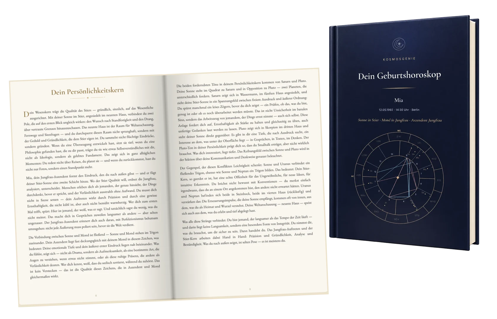 An open KosmosGenie book with a real interpretation, with the printed Birth Chart Book behind it featuring a starry-sky cover