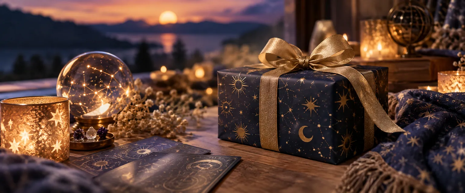 Geschenk in dunkelblauem Sternenpapier mit goldener Schleife, daneben Kerzen, Kristallkugel und Tarotkarten im Abendlicht