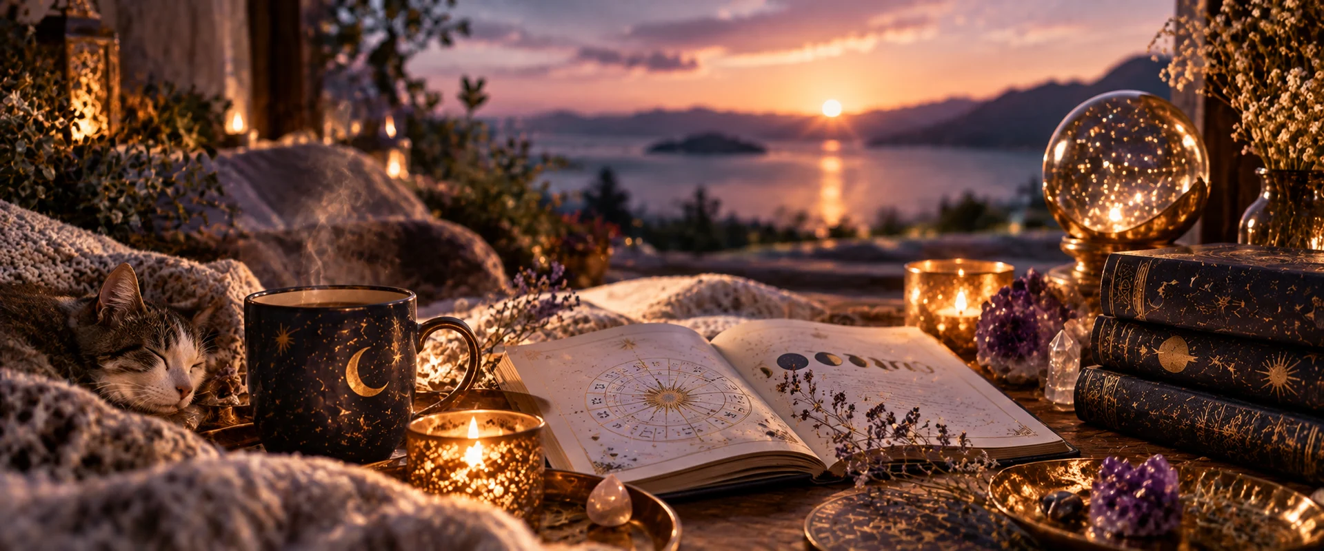 Aufgeschlagenes Buch mit Tierkreis und Mondphasen, schlafende Katze, Tasse mit Sternenmotiv, Kerzen und Kristallkugel vor einem Sonnenuntergang am See