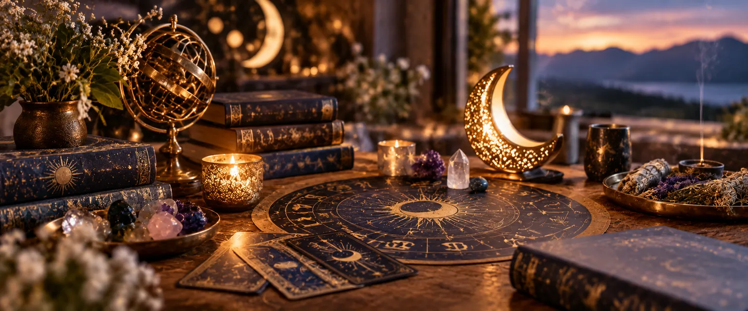 Schreibtisch mit Horoskop-Rad, Tarotkarten, Büchern mit Sternenmotiv, Kerzen, Mondlampe und Kristallen im Abendlicht