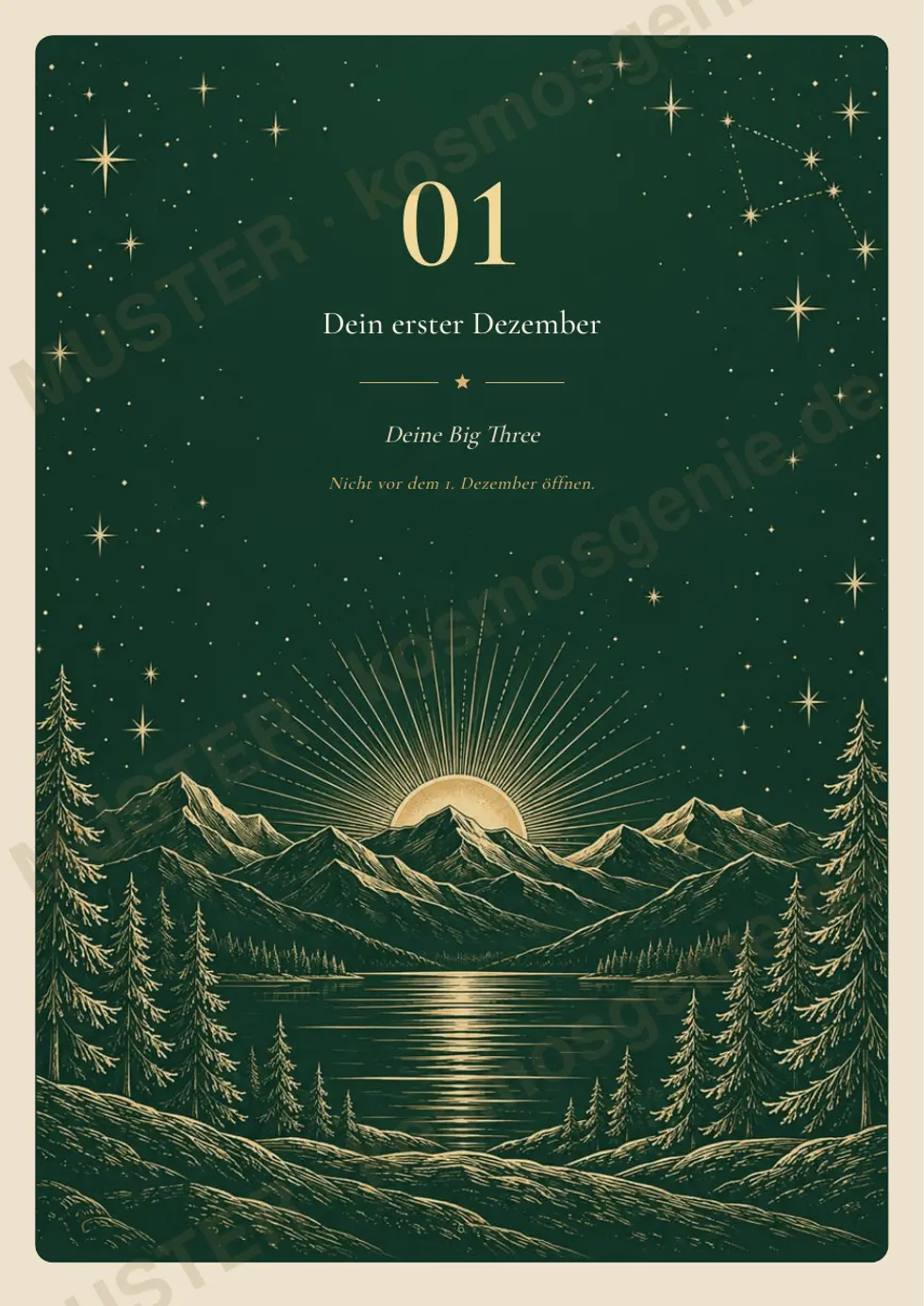 KosmosGenie Adventskalender: die Seite von Türchen 1 mit Sternenhimmel, Mond und Gravur-Landschaft in Grün und Gold