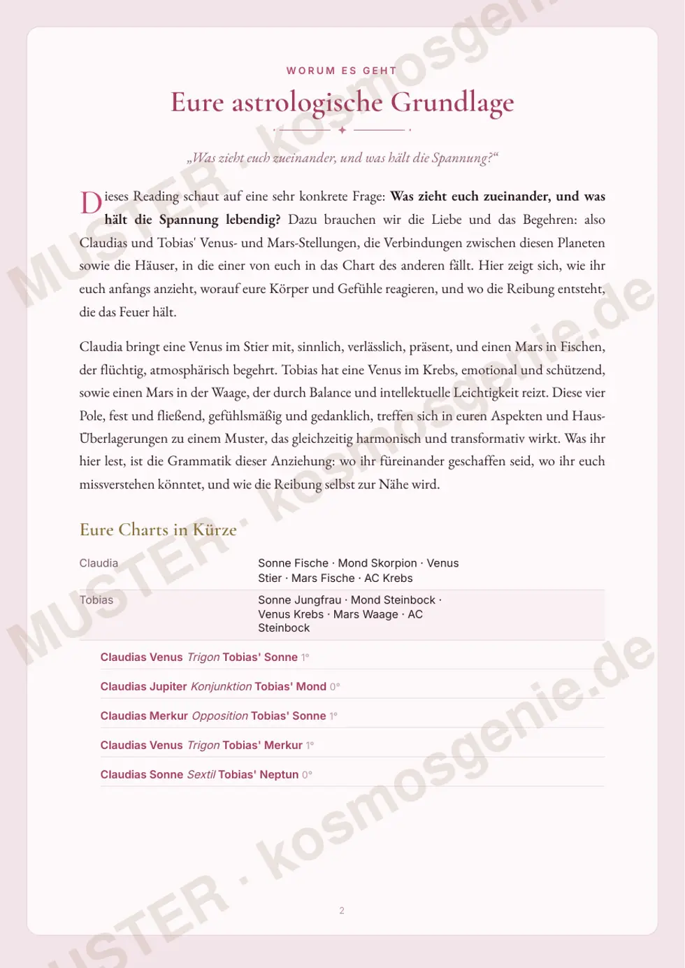 Astro Bite „Eure Anziehung“ - erste Seite mit der Ausgangslage aus dem Geburtsbild