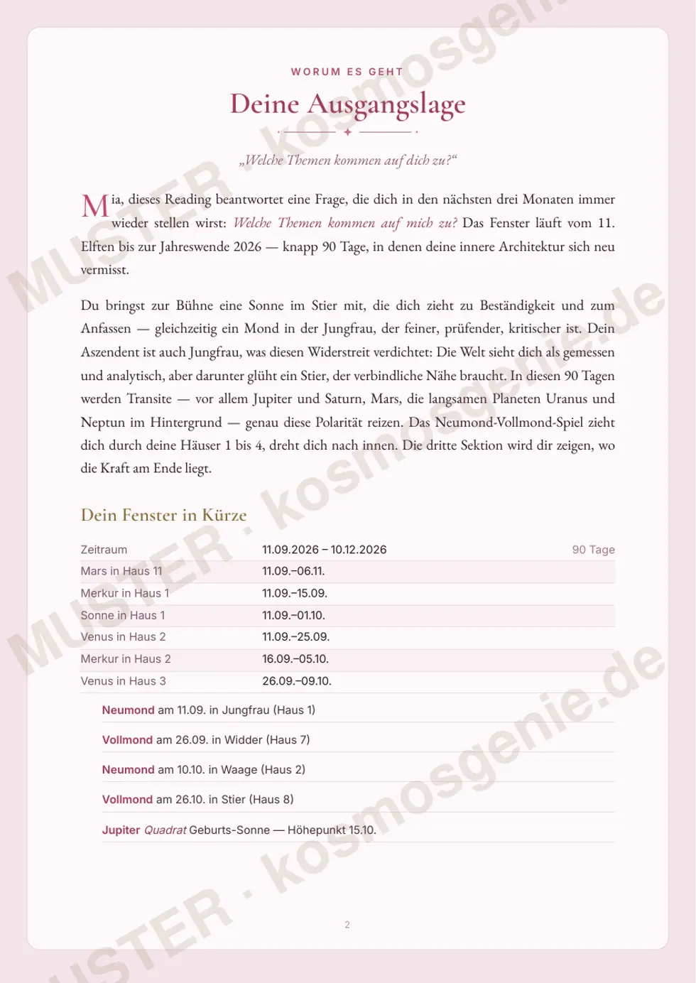 Astro Bite „Deine nächsten 3 Monate“ - erste Seite mit der Ausgangslage aus dem Geburtsbild