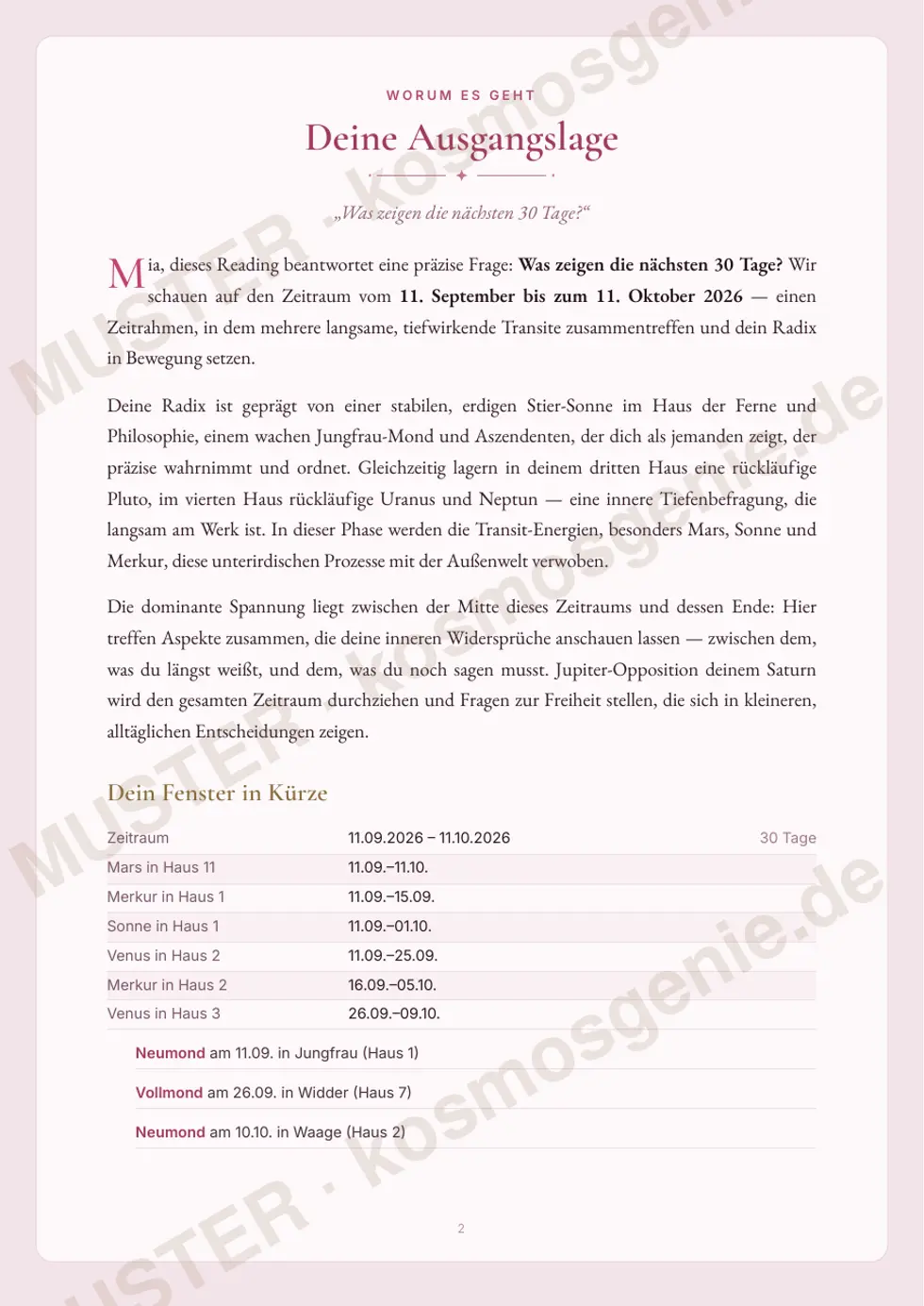 Astro Bite „Dein nächster Monat“ - erste Seite mit der Ausgangslage aus dem Geburtsbild