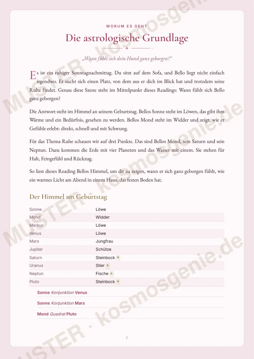 Astro Bite „Was deinem Hund Ruhe gibt“ - erste Seite mit der Ausgangslage aus dem Himmel am Geburtstag
