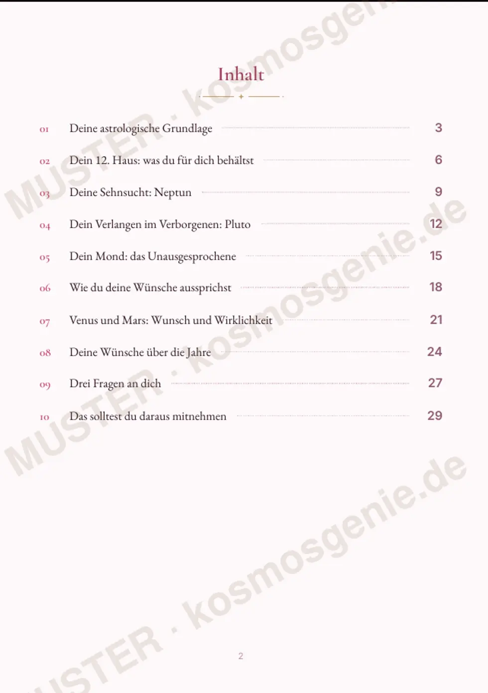 Astro Bite Premium „Deine geheimen Wünsche“ - Inhaltsverzeichnis des Readings
