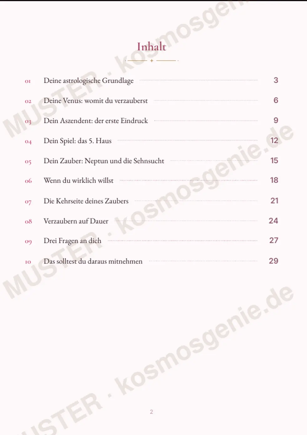 Astro Bite Premium „Deine Verführungskunst“ - Inhaltsverzeichnis des Readings
