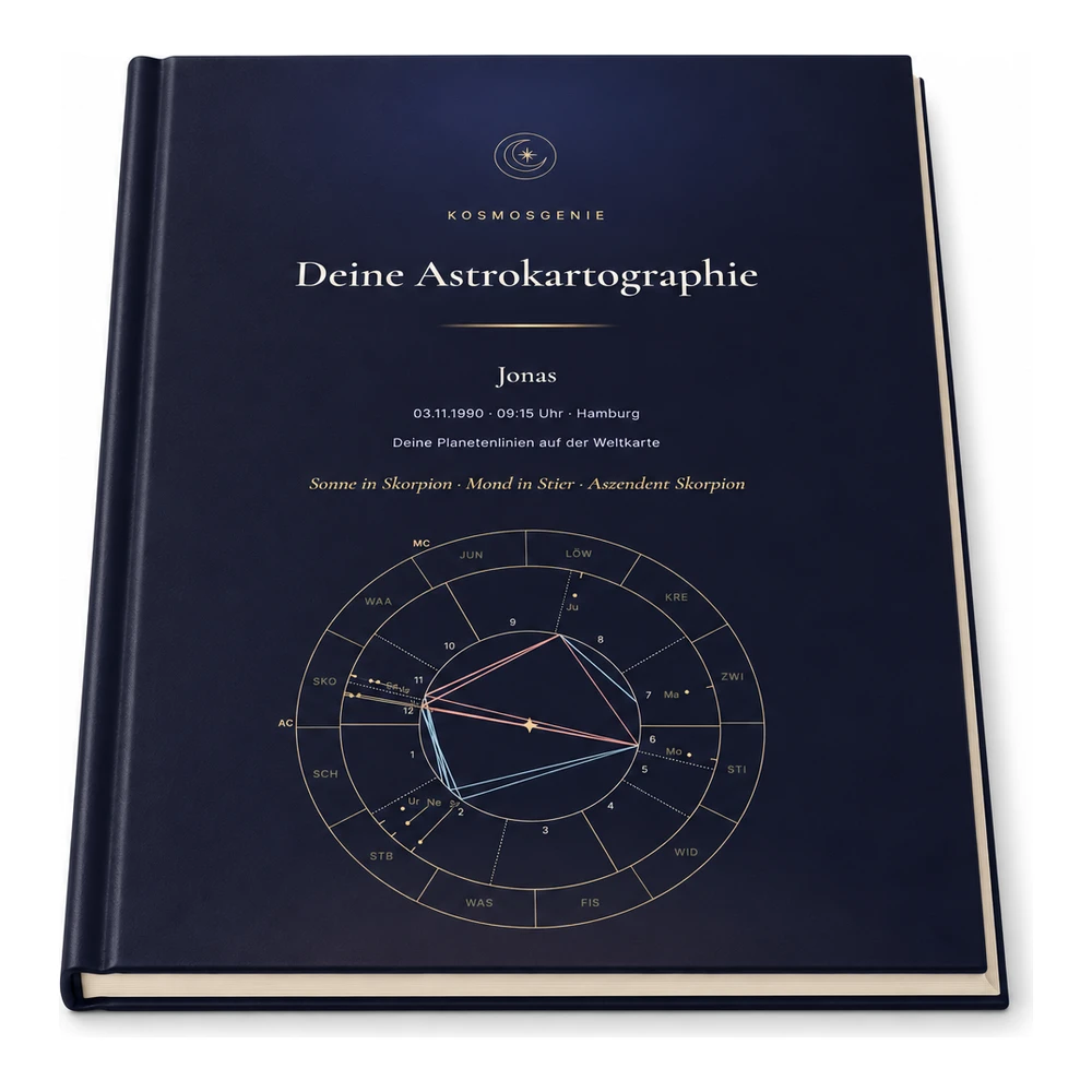 Astrokartographie: deine Planetenlinien als Premium Buch, flach liegend