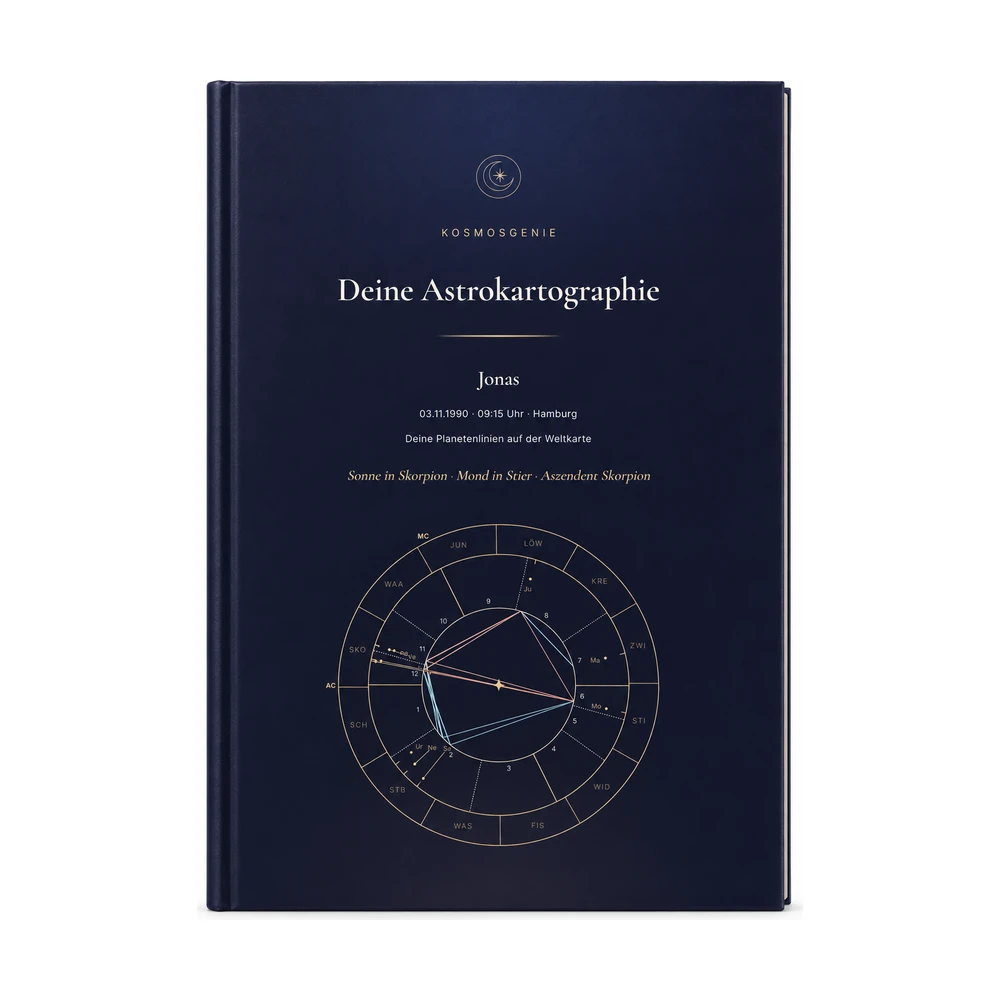 Astrokartographie: deine Planetenlinien: das Cover von vorn mit deinem Namen und Geburtsdaten