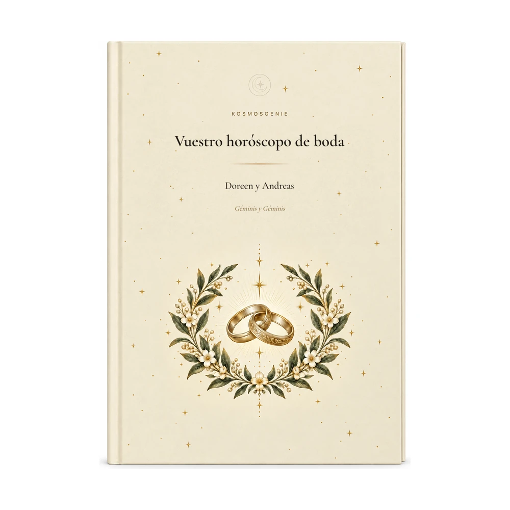 Libro de Horóscopo de Boda: la portada de frente con vuestros nombres y fechas de nacimiento
