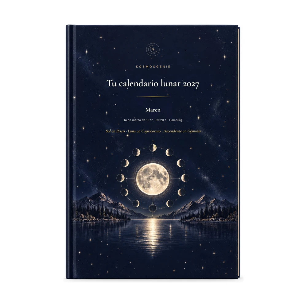 Calendario lunar personal 2027: portada por delante con tu nombre y tus datos de nacimiento