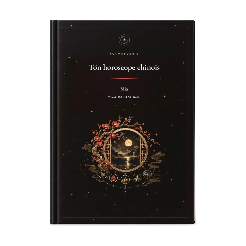 Livre de l’horoscope chinois : la couverture de face avec ton nom et tes données de naissance