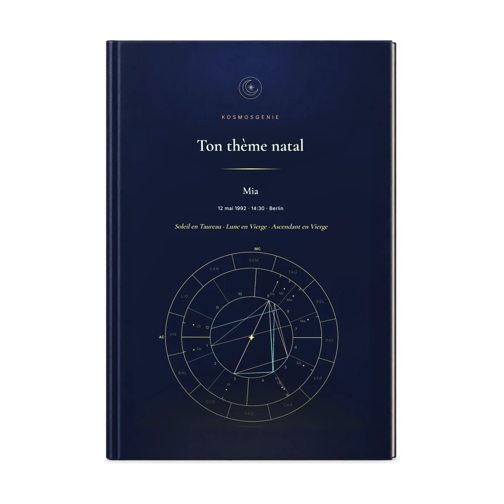 Livre du thème astral : la couverture de face avec ton nom et tes données de naissance