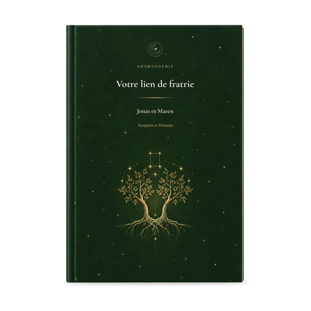 Livre de l’horoscope de la fratrie : la couverture de face avec vos prénoms et dates de naissance