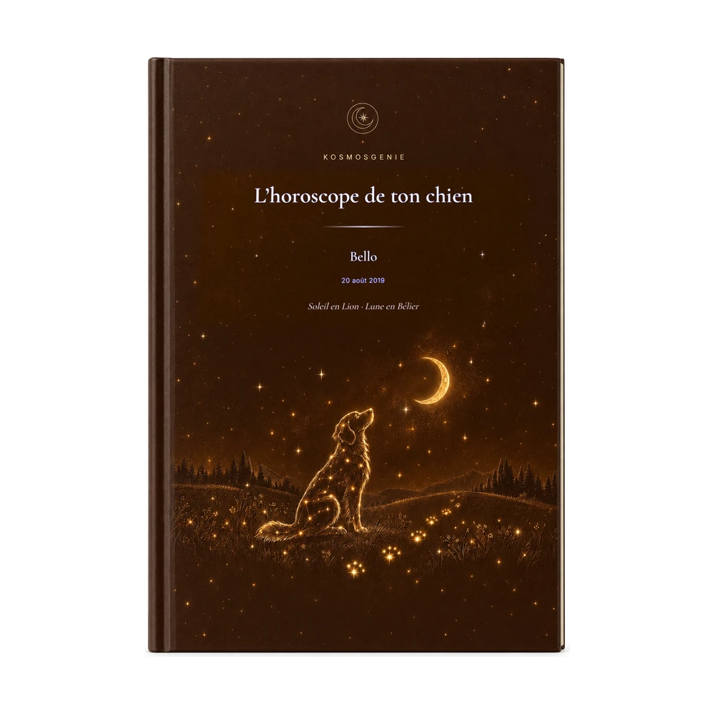 Livre de l’horoscope du chien : couverture vue de face, avec ton prénom et tes informations de naissance