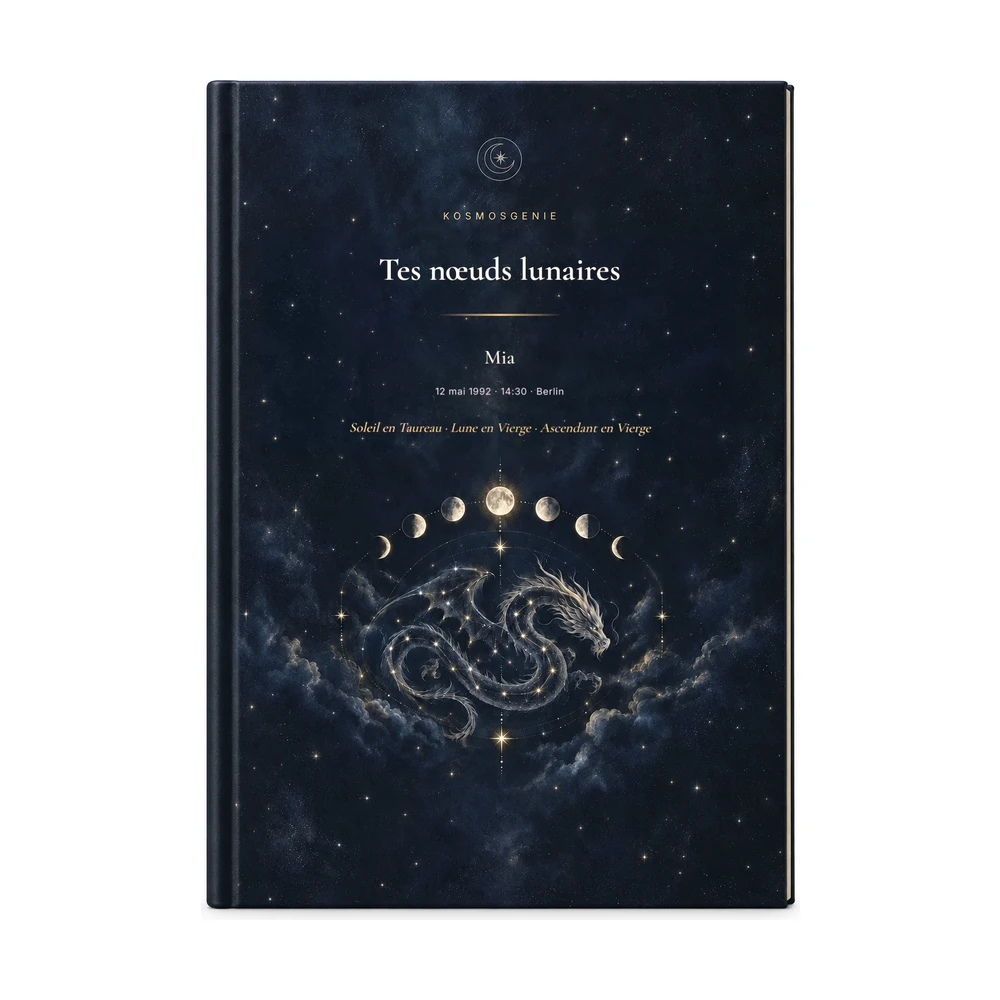 Livre des nœuds lunaires : la couverture avec ton prénom et tes données de naissance