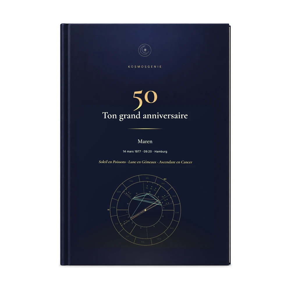 Livre du grand anniversaire : la couverture de face avec ton prénom et tes données de naissance