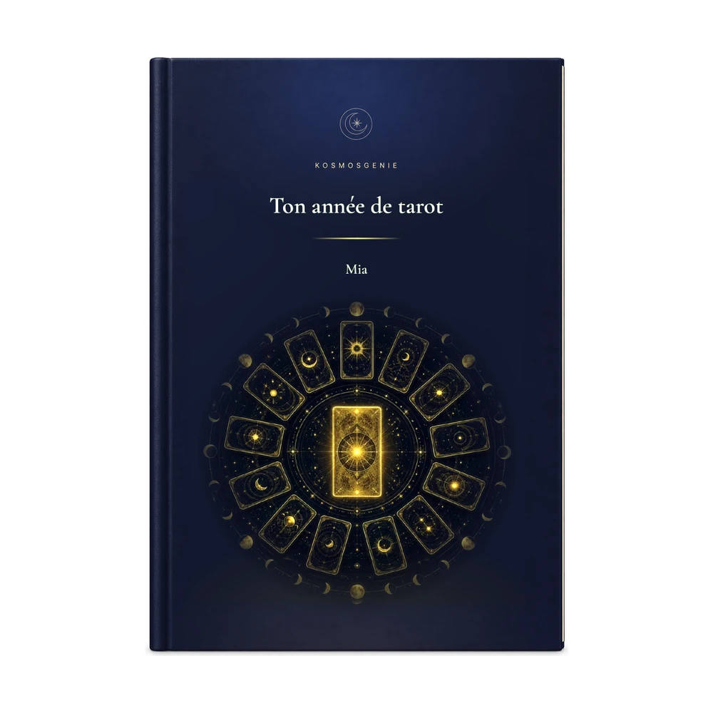 Livre de l’année de tarot : la couverture avec ton prénom et tes données de naissance