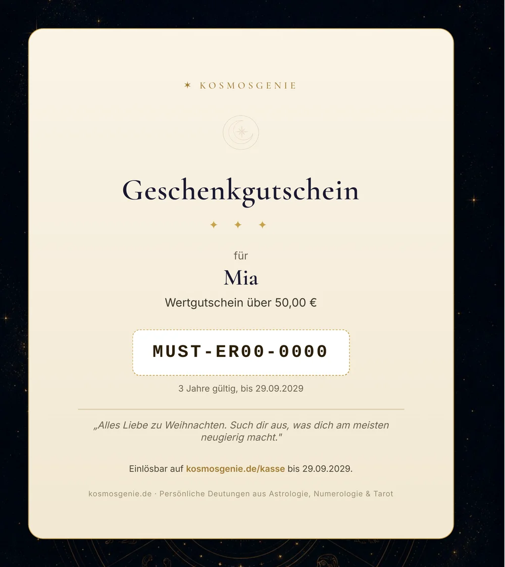 KosmosGenie Geschenkgutschein: die Karte, die per E-Mail kommt, mit Namen, Gutscheincode und persönlicher Nachricht