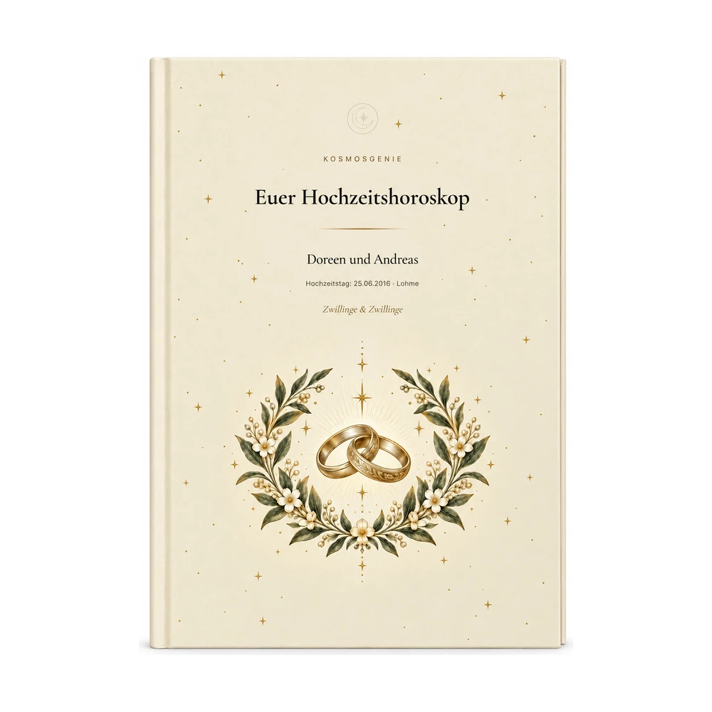 Hochzeitshoroskop: das Cover von vorn mit euren Namen und Geburtsdaten