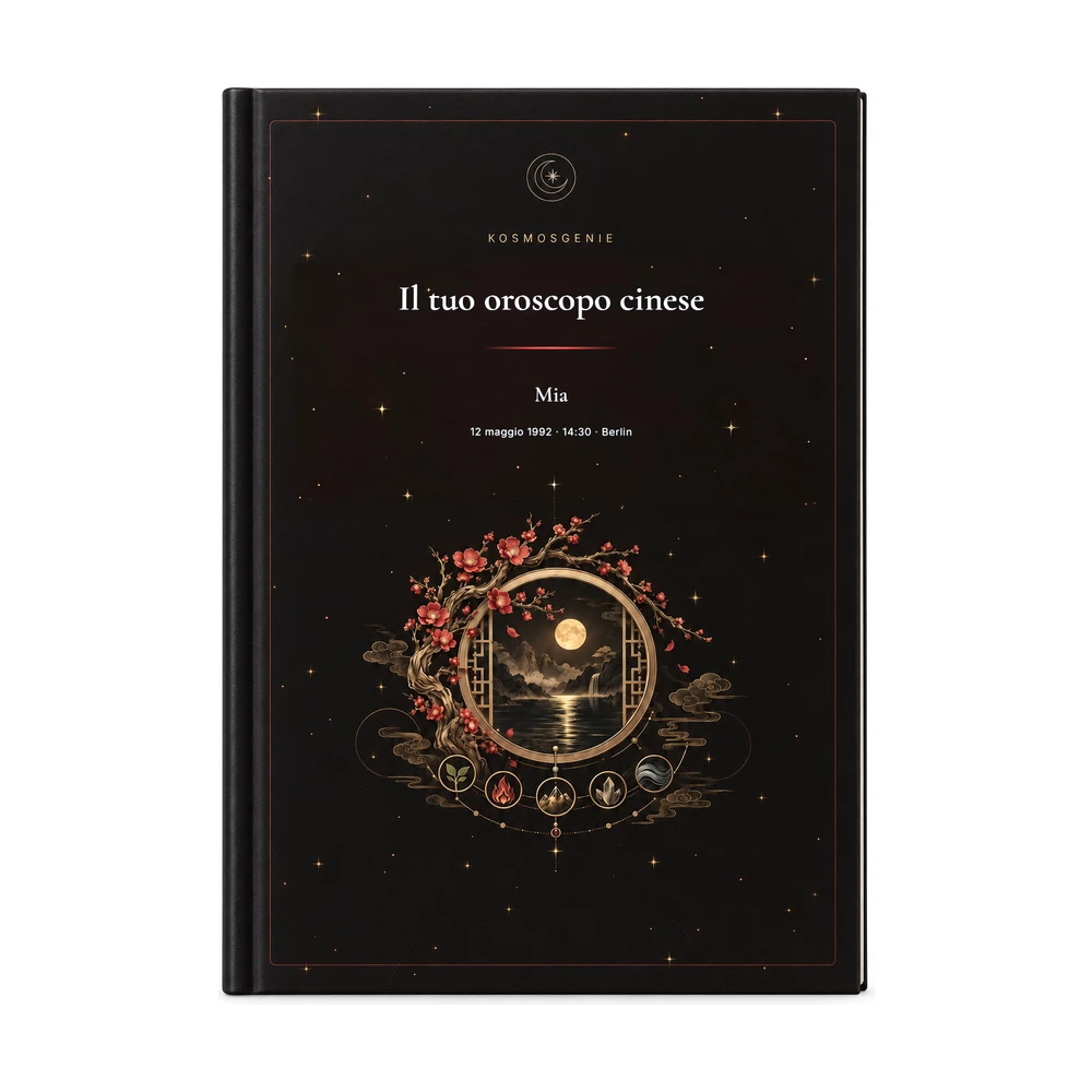 Libro dell’oroscopo cinese: la copertina vista frontalmente, con il tuo nome e i dati di nascita