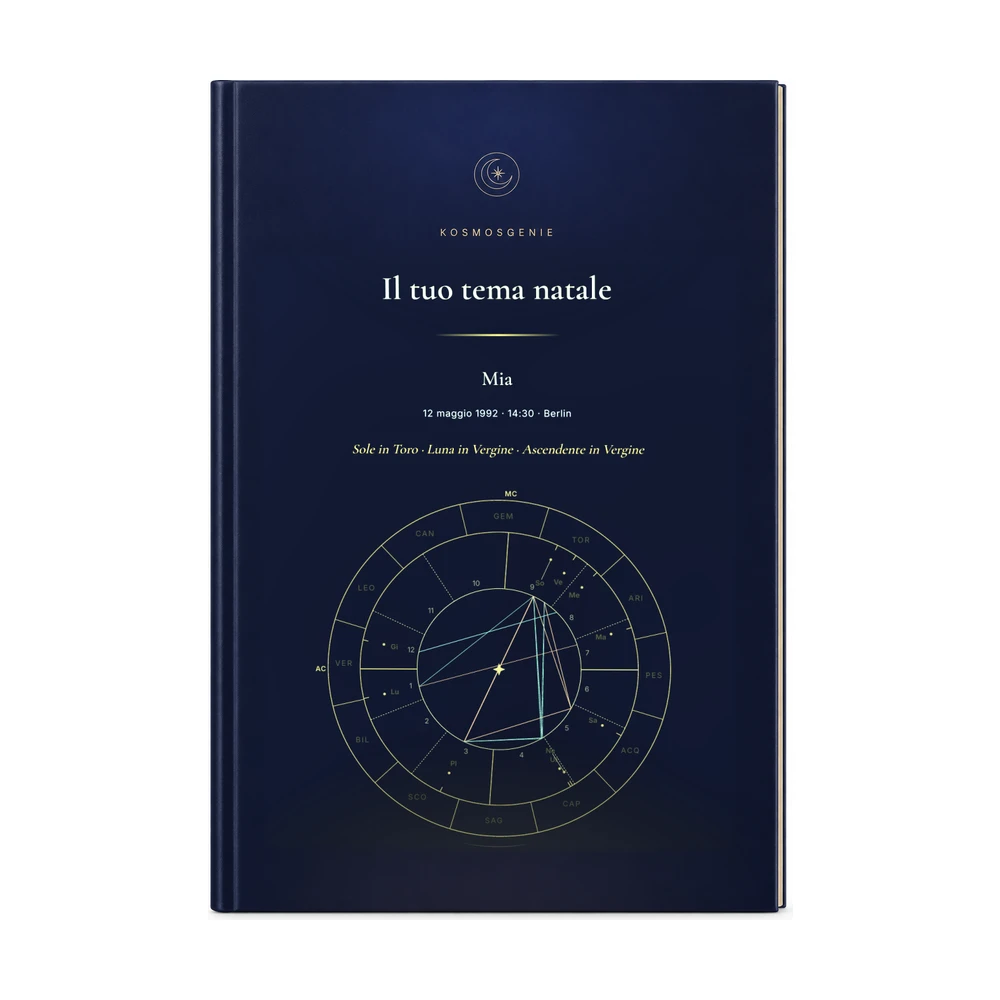 Libro del tema natale: la copertina vista frontalmente, con il tuo nome e i dati di nascita