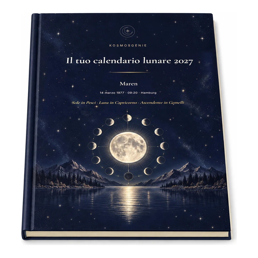 Calendario lunare personale 2027 in edizione Premium, aperto e appoggiato in piano
