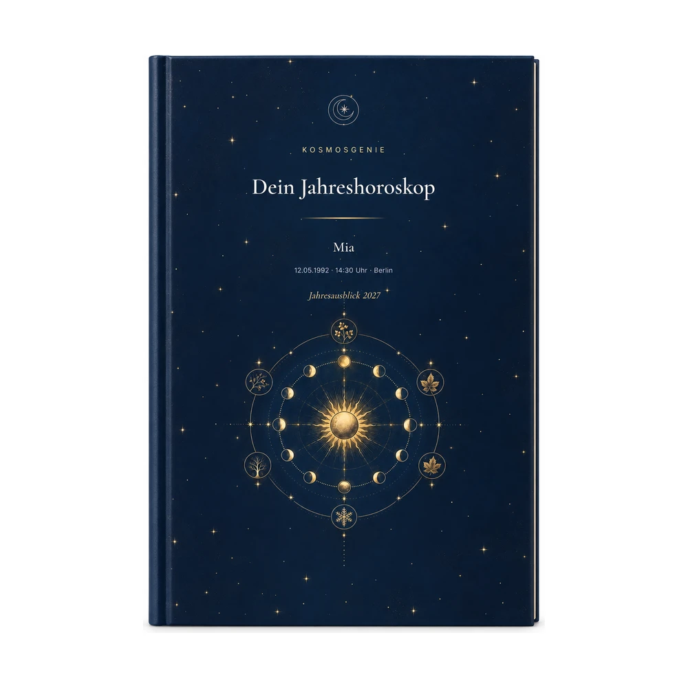 Jahreshoroskop: das Cover von vorn mit deinem Namen und Geburtsdaten