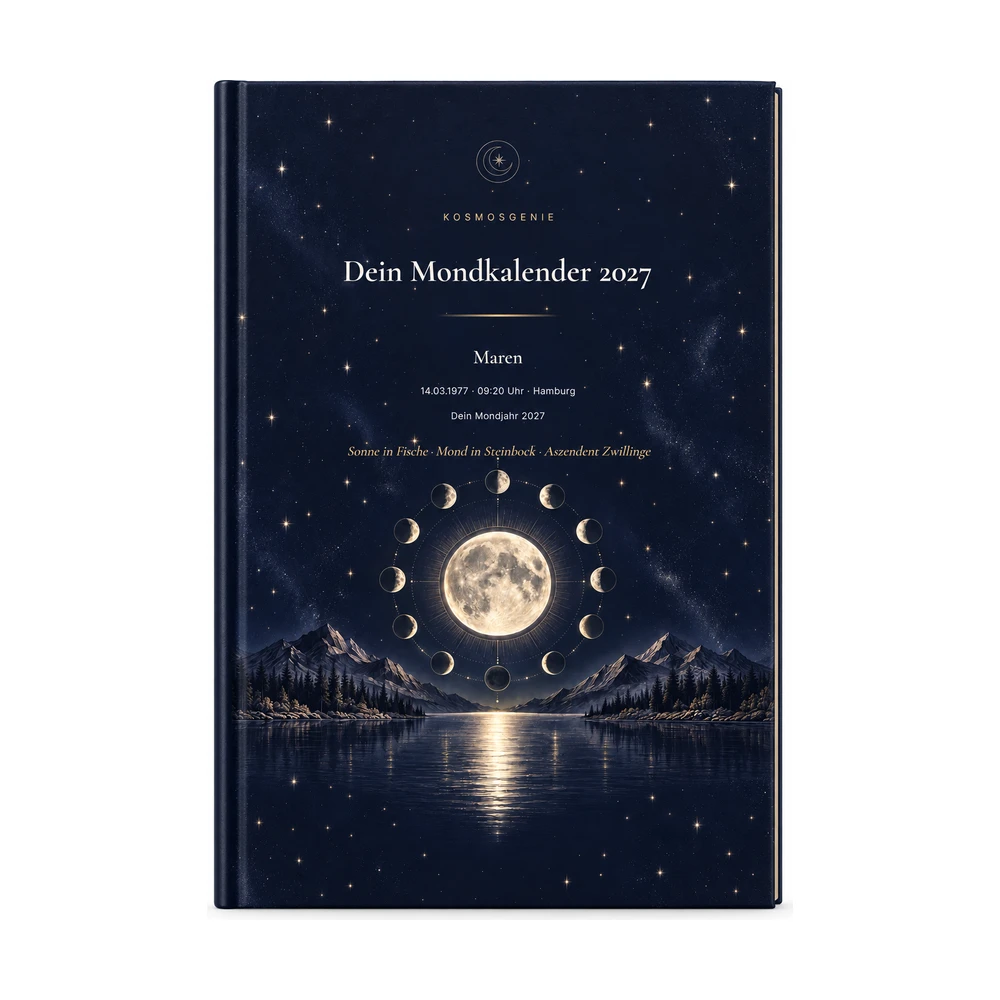 Persönlicher Mondkalender 2027: das Cover von vorn mit deinem Namen und Geburtsdaten