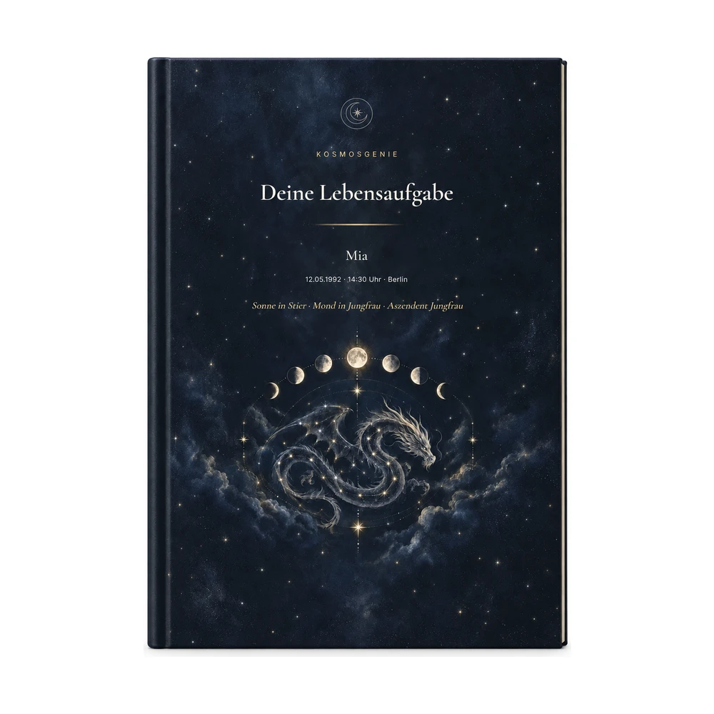 Mondknoten-Horoskop: das Cover von vorn mit deinem Namen und Geburtsdaten