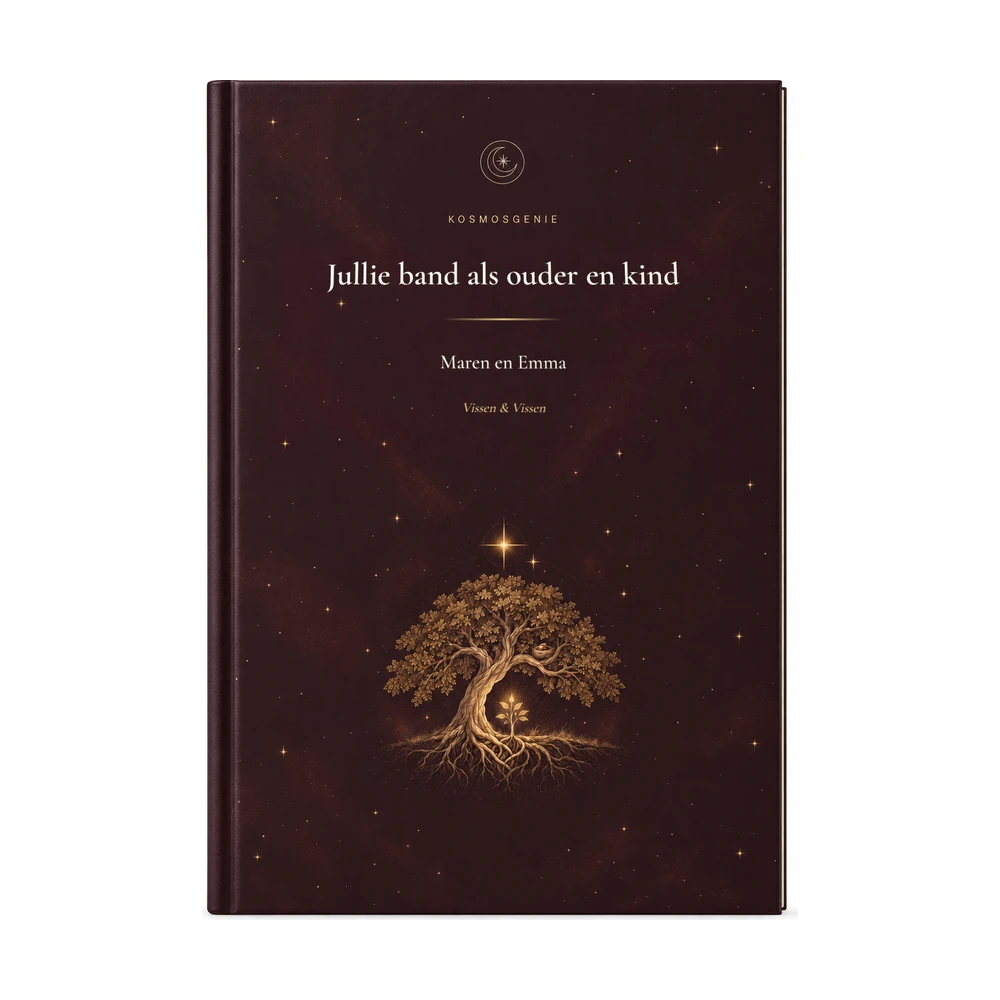 Ouder-kindhoroscoopboek: de voorkant van het omslag met jullie namen en geboortedata