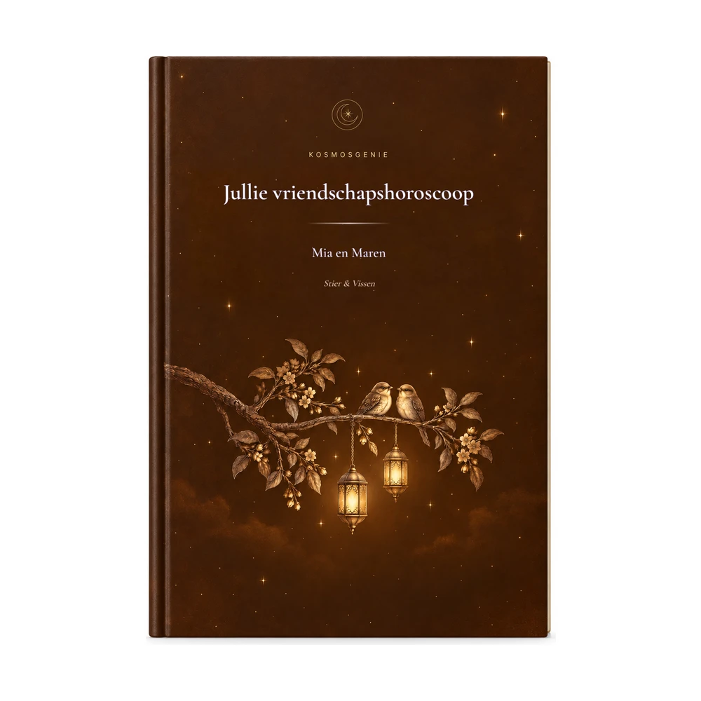 Vriendschapshoroscoopboek: de voorkant met jullie namen en geboortegegevens