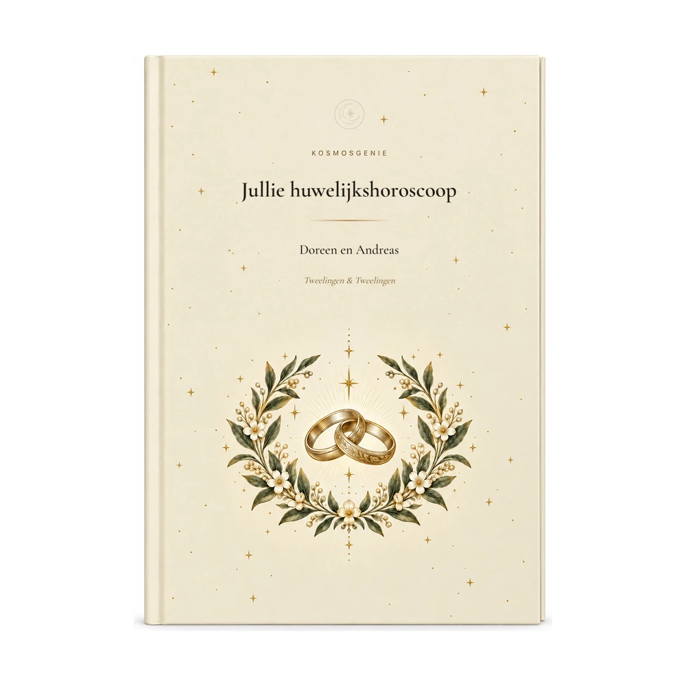Huwelijkshoroscoopboek: de voorkant van het omslag met jullie namen en geboortegegevens