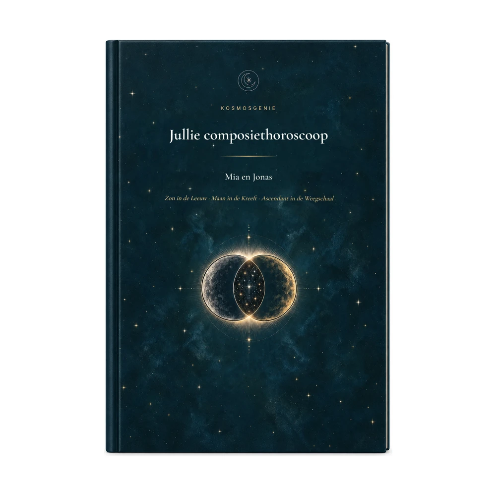 Composiethoroscoopboek: de voorkant met jullie namen en geboortedatums