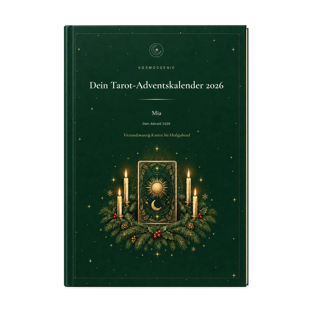 Dein Tarot-Adventskalender 2026: das Cover von vorn mit deinem Namen und Geburtsdaten